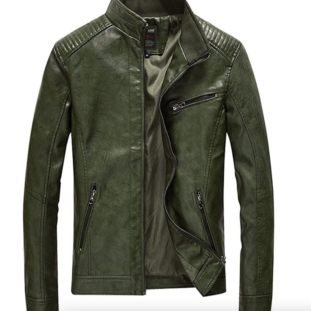 Mens Green Faux Leather Jacket NEW